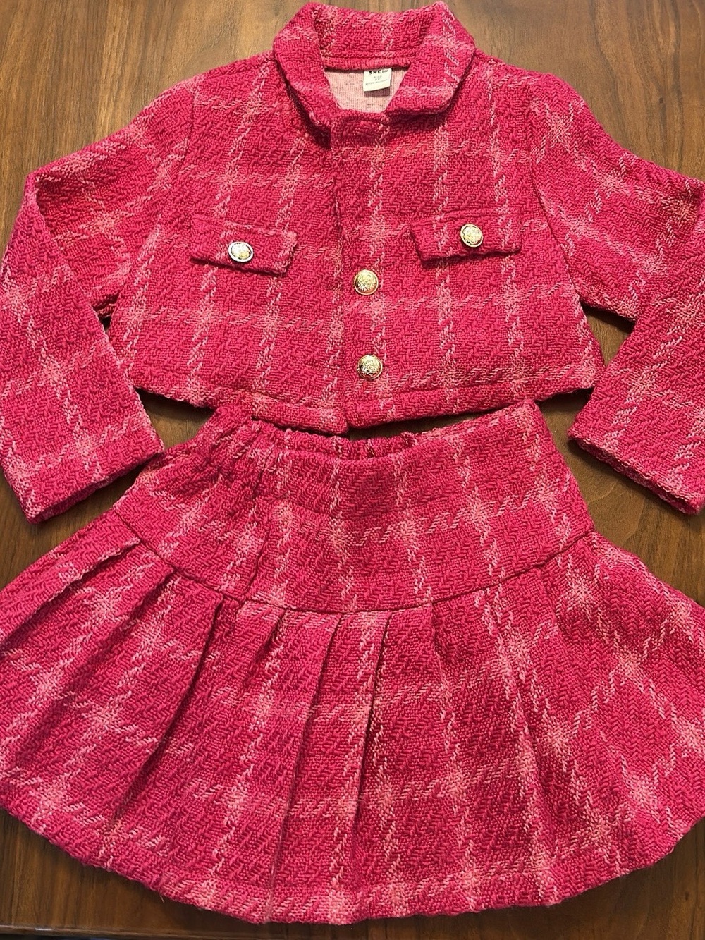 SHEIN Pink Tweed Girls Matching Jacket and Skirt Set
